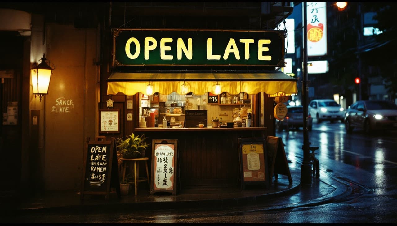 FLUX1.1 [pro]'s answer to the same prompt: a ramen bar sign reading OPEN LATE on a rainy night