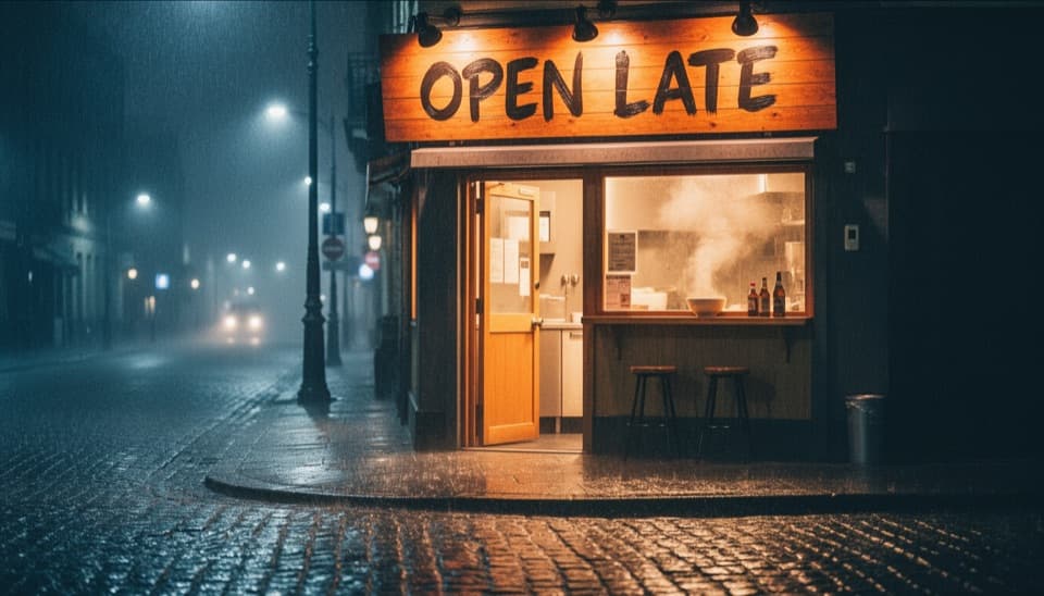 FLUX.2 [flex]'s answer to the same prompt: a ramen bar sign reading OPEN LATE on a rainy night