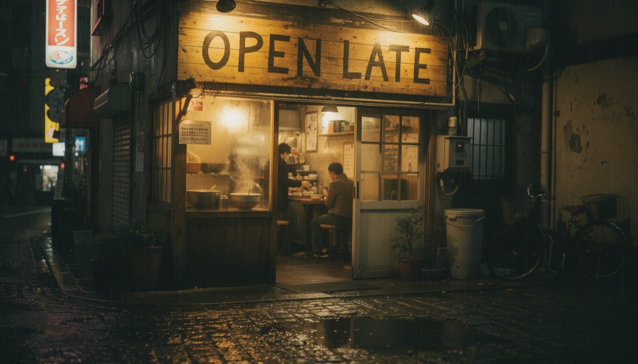 FLUX.2 [pro]'s answer to the same prompt: a ramen bar sign reading OPEN LATE on a rainy night