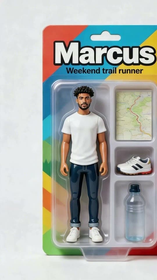 The boxed action figure, animated: a slow push-in as light glints on the box