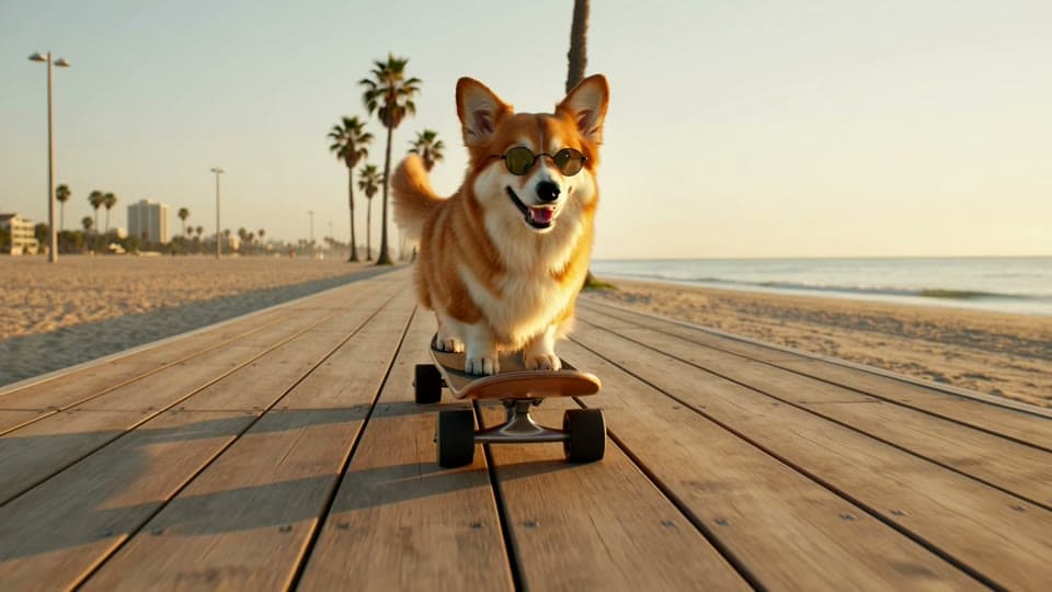 Grok Imagine Video's clip of a corgi in sunglasses skateboarding down a beach boardwalk