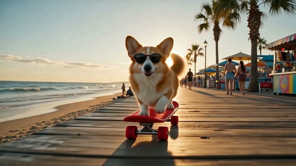 Wan 2.6's clip of a corgi in sunglasses skateboarding down a beach boardwalk