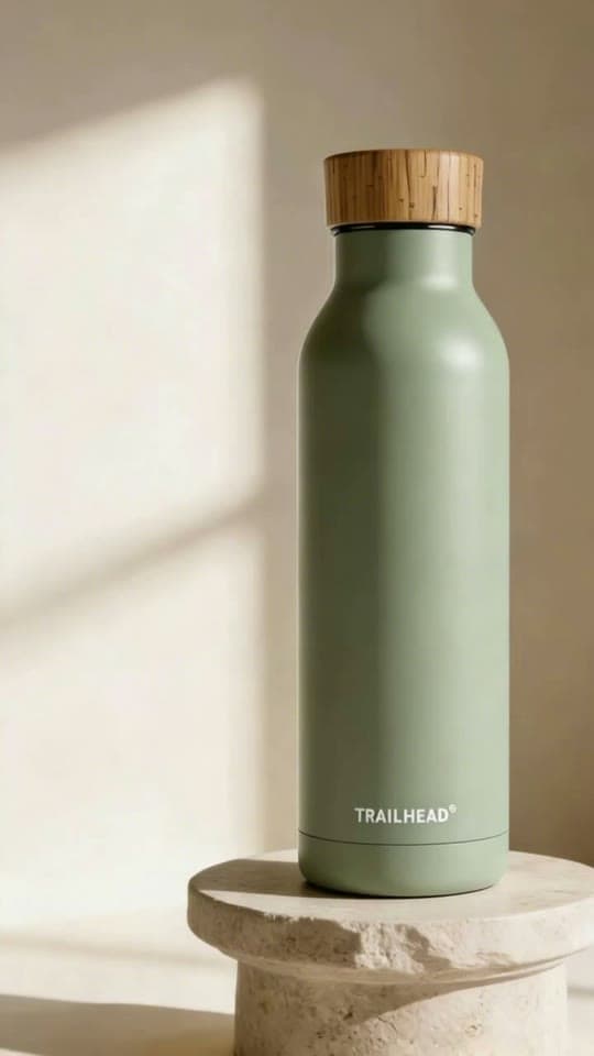 The product photo, animated: light sweeps across the bottle as condensation forms