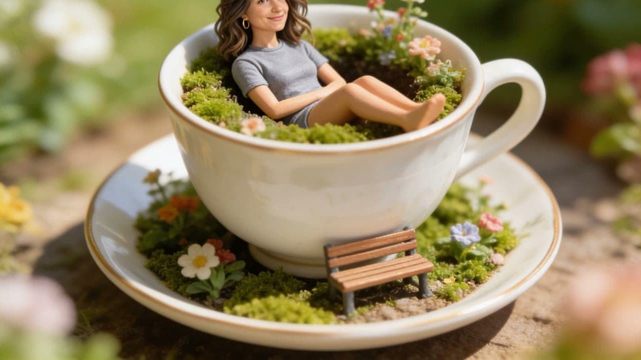 The miniature world, animated: petals drift past the tiny figure