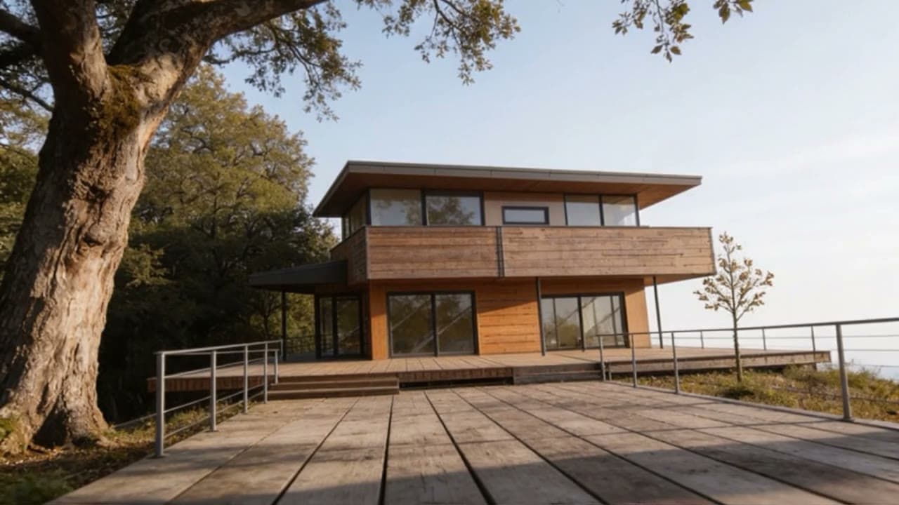 The rendered house, animated: the camera cranes up at golden hour