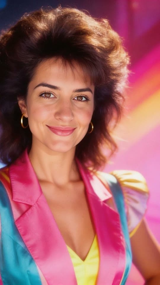 The 80s portrait, animated: she laughs and waves at the camera