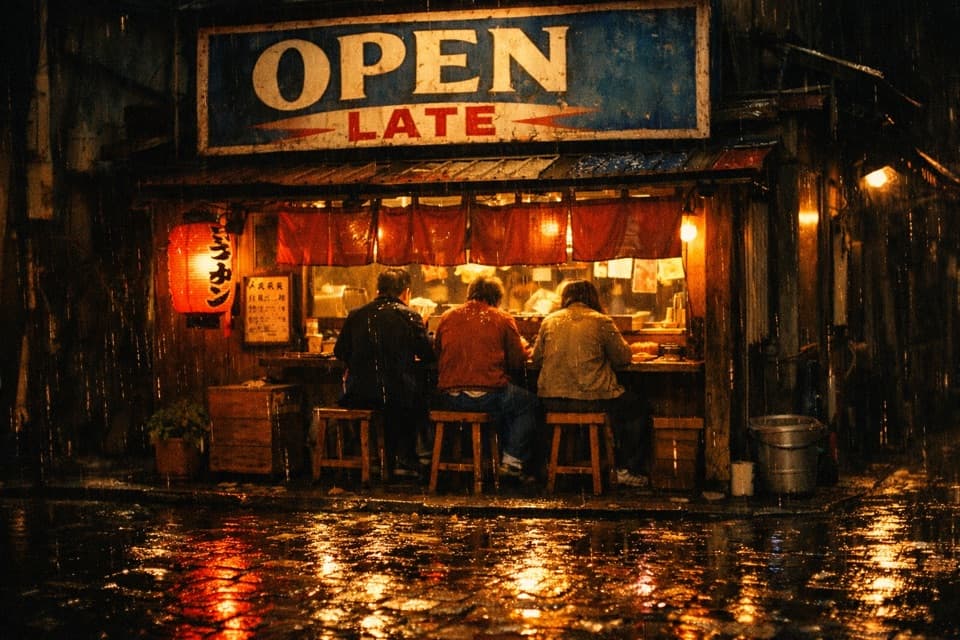 GPT Image 1.5's answer to the same prompt: a ramen bar sign reading OPEN LATE on a rainy night