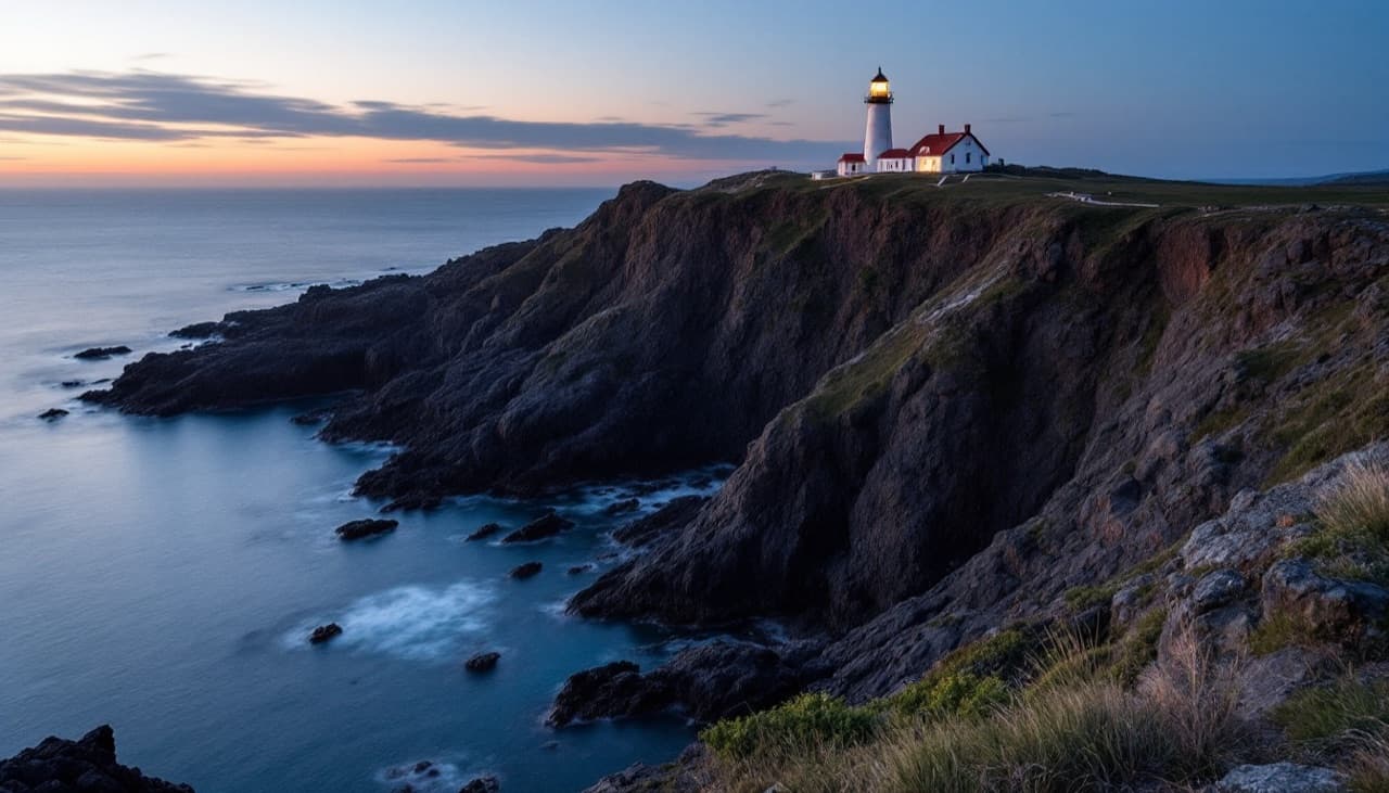 A lighthouse on a basalt cliff at dusk