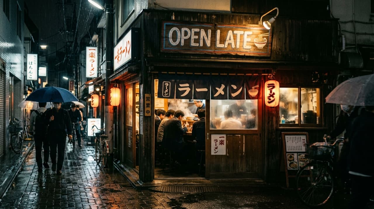 Nano Banana 2's answer to the same prompt: a ramen bar sign reading OPEN LATE on a rainy night