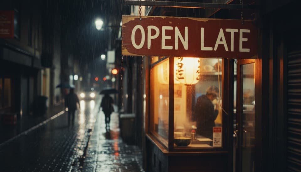 Nano Banana's answer to the same prompt: a ramen bar sign reading OPEN LATE on a rainy night