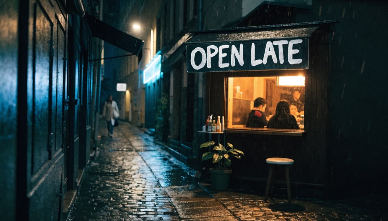 Recraft V4.1's answer to the same prompt: a ramen bar sign reading OPEN LATE on a rainy night