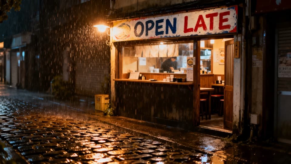 Seedream 4.0's answer to the same prompt: a ramen bar sign reading OPEN LATE on a rainy night
