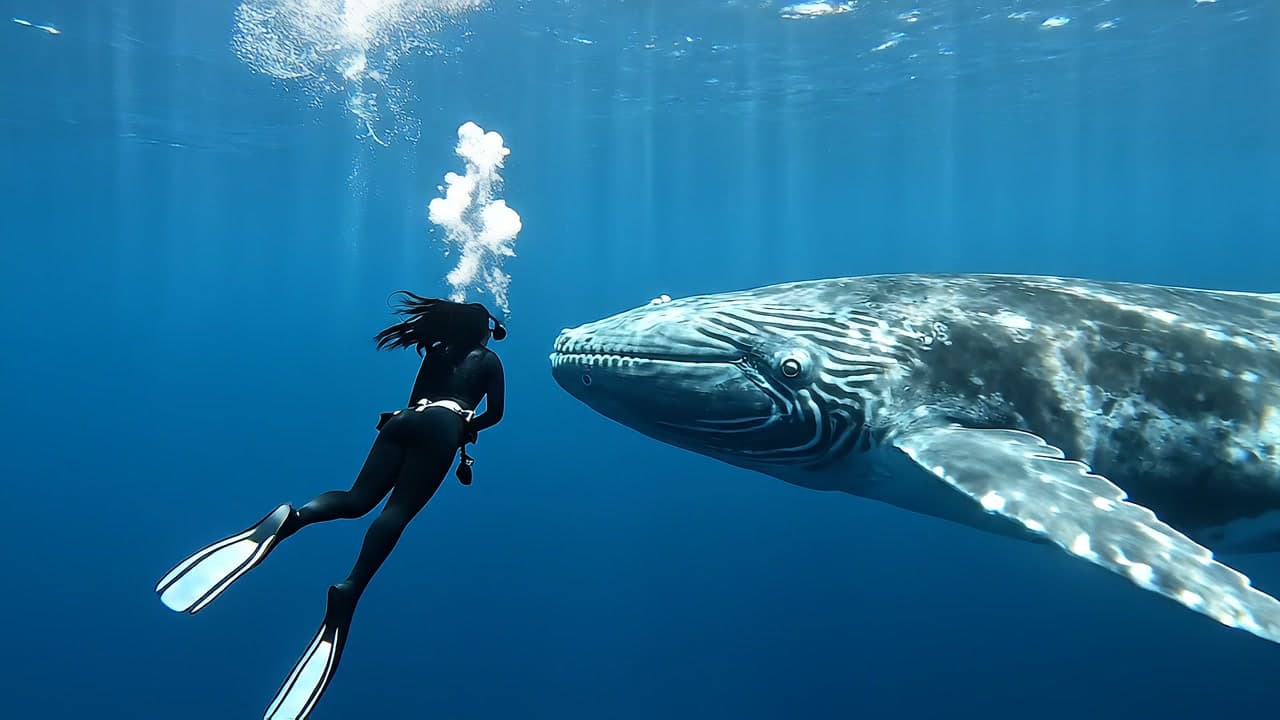 A diver beside a whale's eye in deep blue water