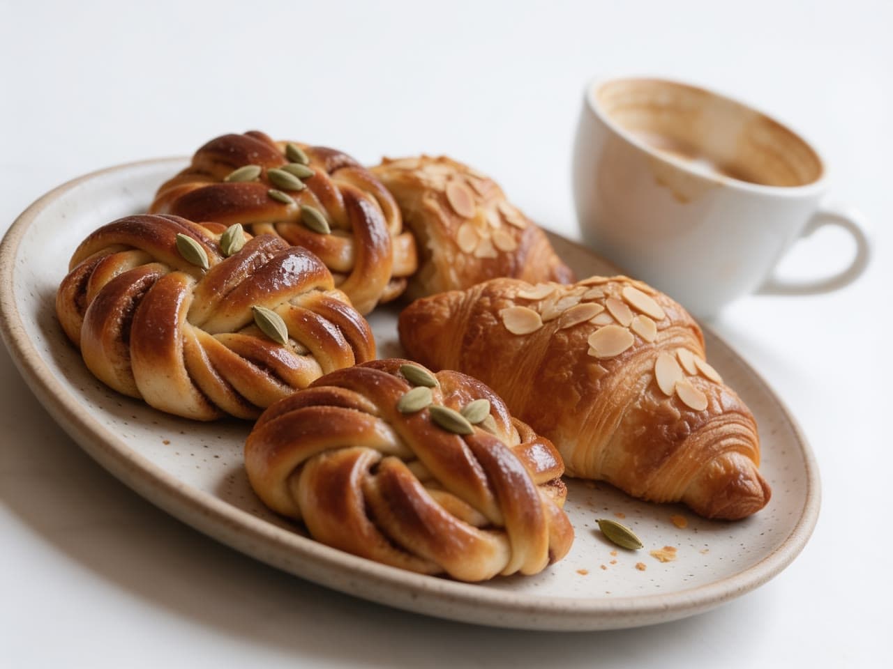 Cardamom knots and almond croissants on a plate beside a coffee