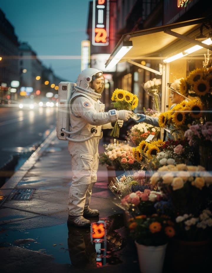 An astronaut buying sunflowers at a flower stall at dusk