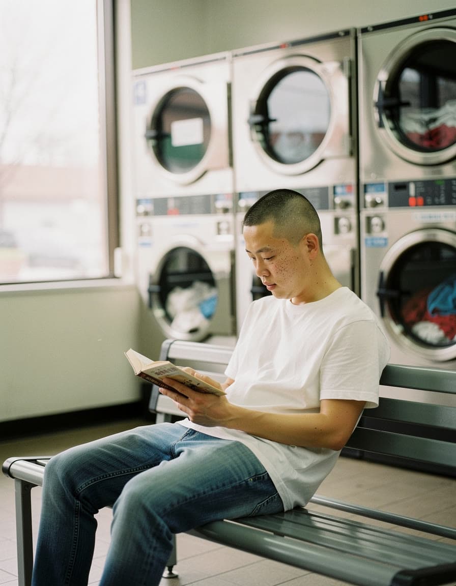 A man reading on a bench in a laundromat by day