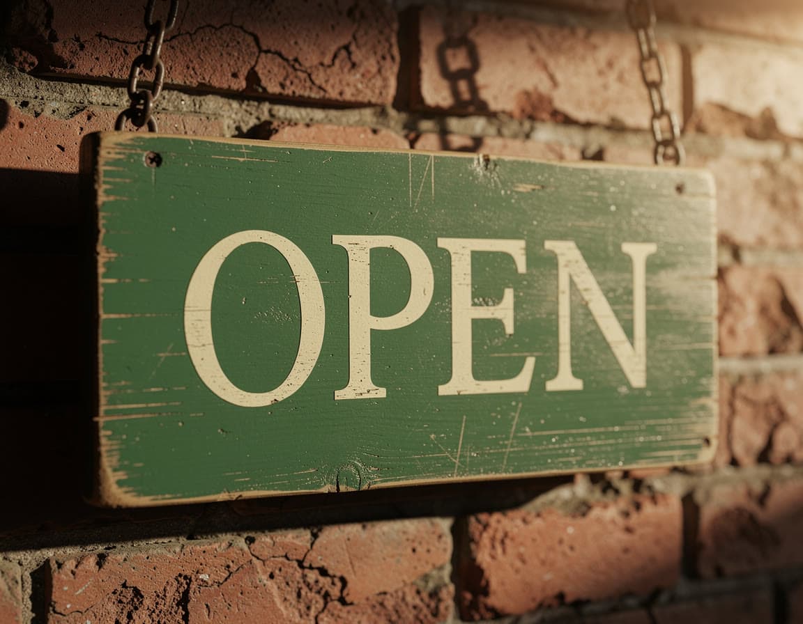 A green wooden sign that reads Open on a brick wall