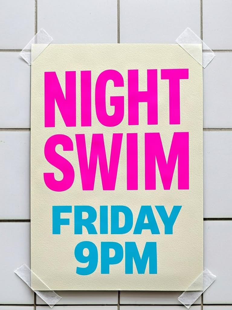 A risograph poster that reads Night Swim, Friday 9PM