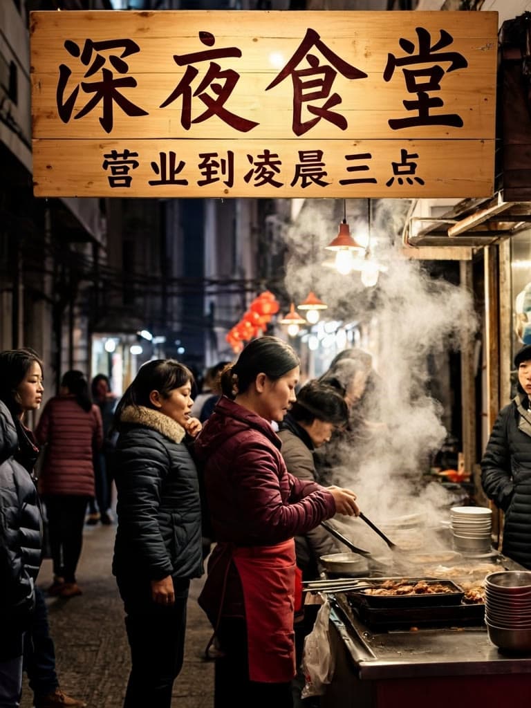 A late-night noodle stall under a hand-painted sign, steam rising