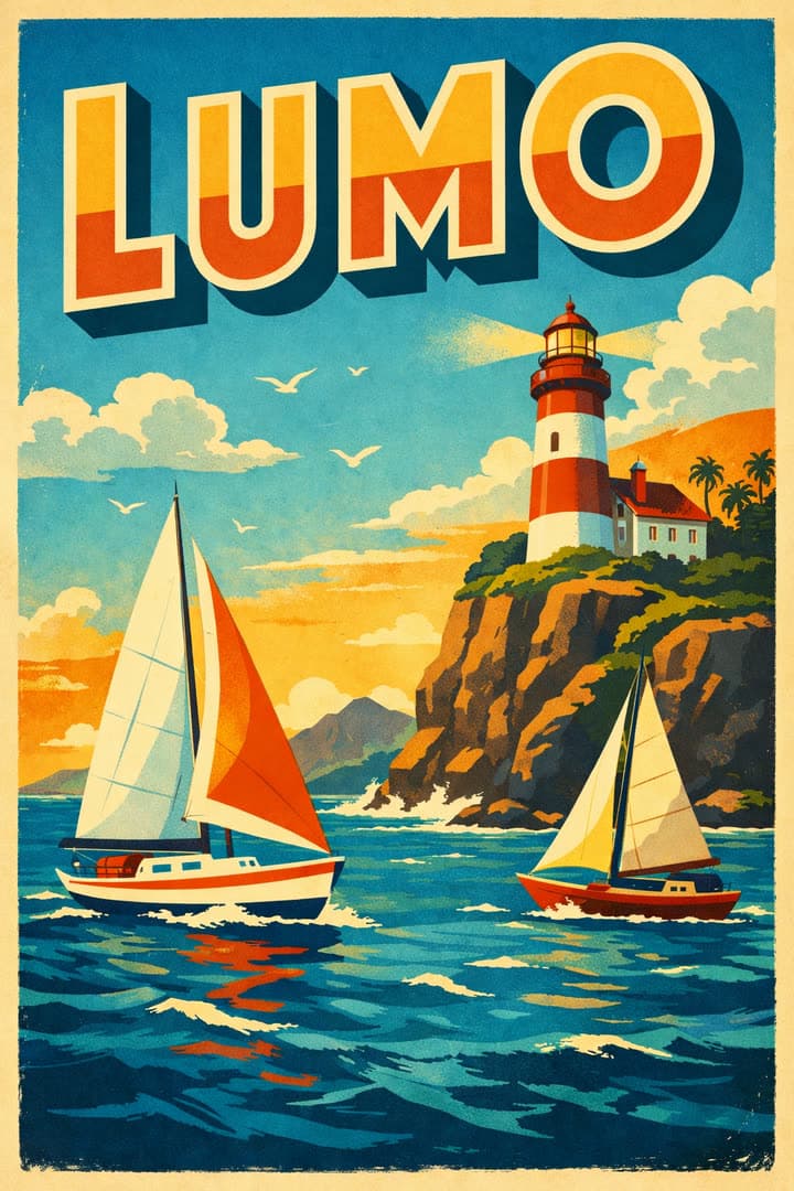 A vintage travel poster for an island called Lumo: sailboats and a lighthouse