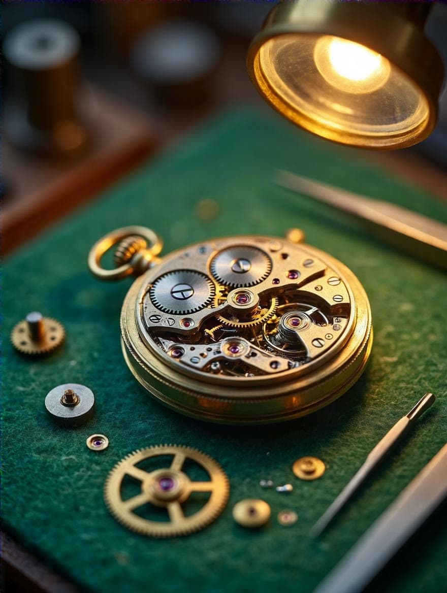 A pocket watch taken apart on green felt under a lamp