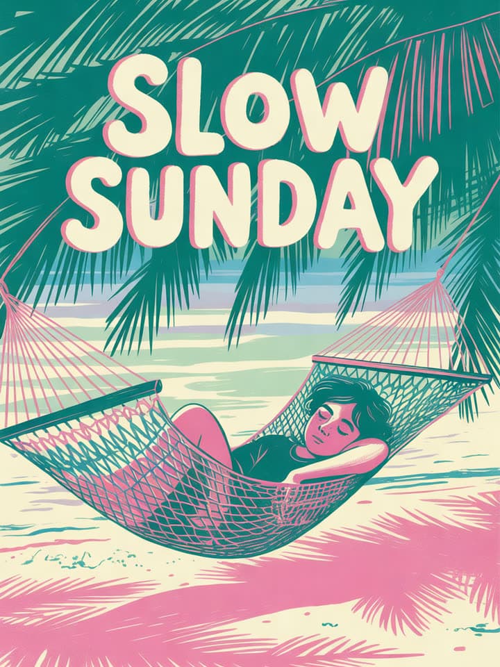 A risograph zine cover that reads Slow Sunday, a woman asleep in a hammock