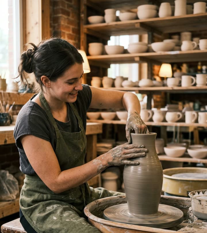 A potter shaping a tall vase on the wheel in her studio