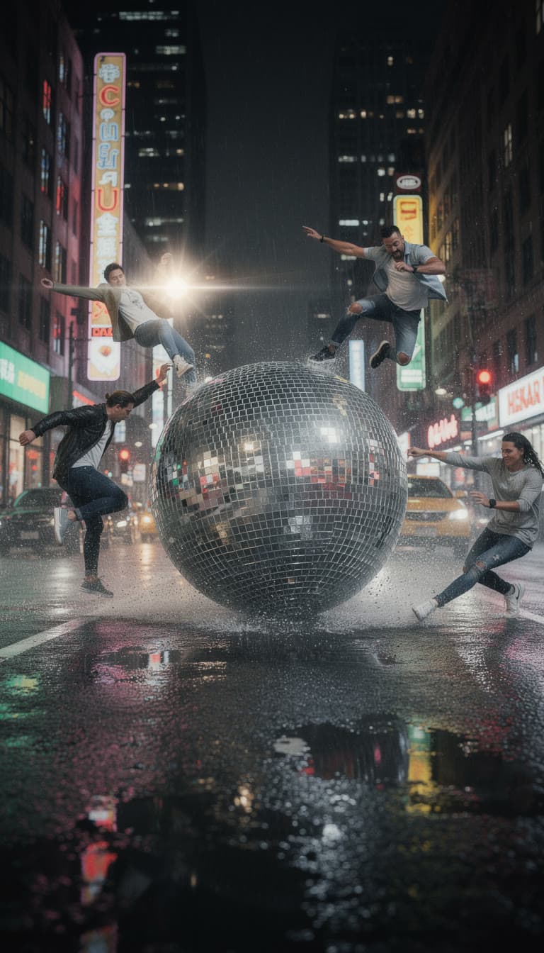 A giant disco ball rolling down a wet city street at night, people jumping clear