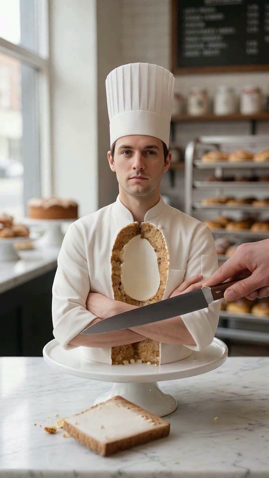 A pastry chef at a bakery counter who turns out to be cake