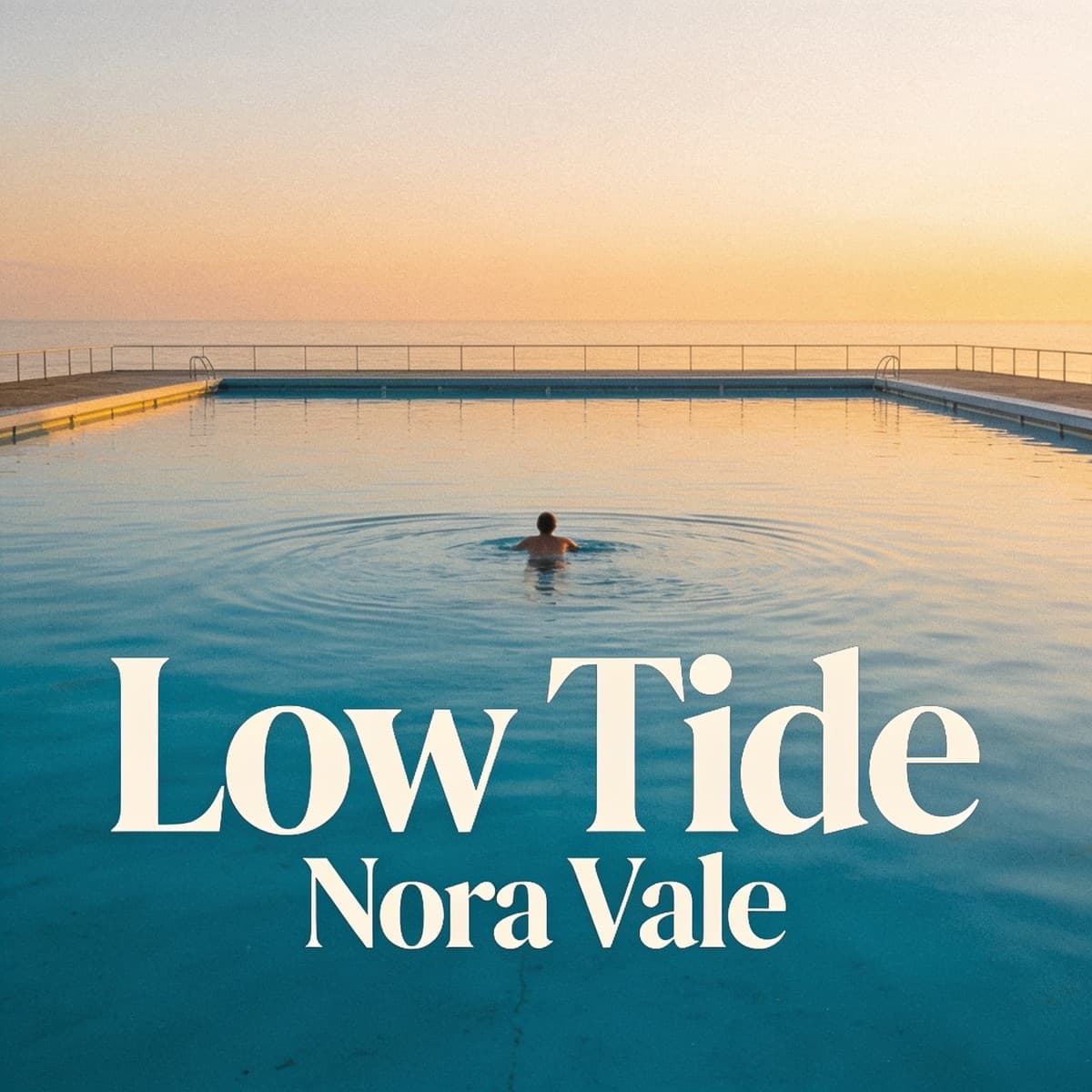 An album cover for Low Tide by Nora Vale: a swimmer in a sea pool at sunrise