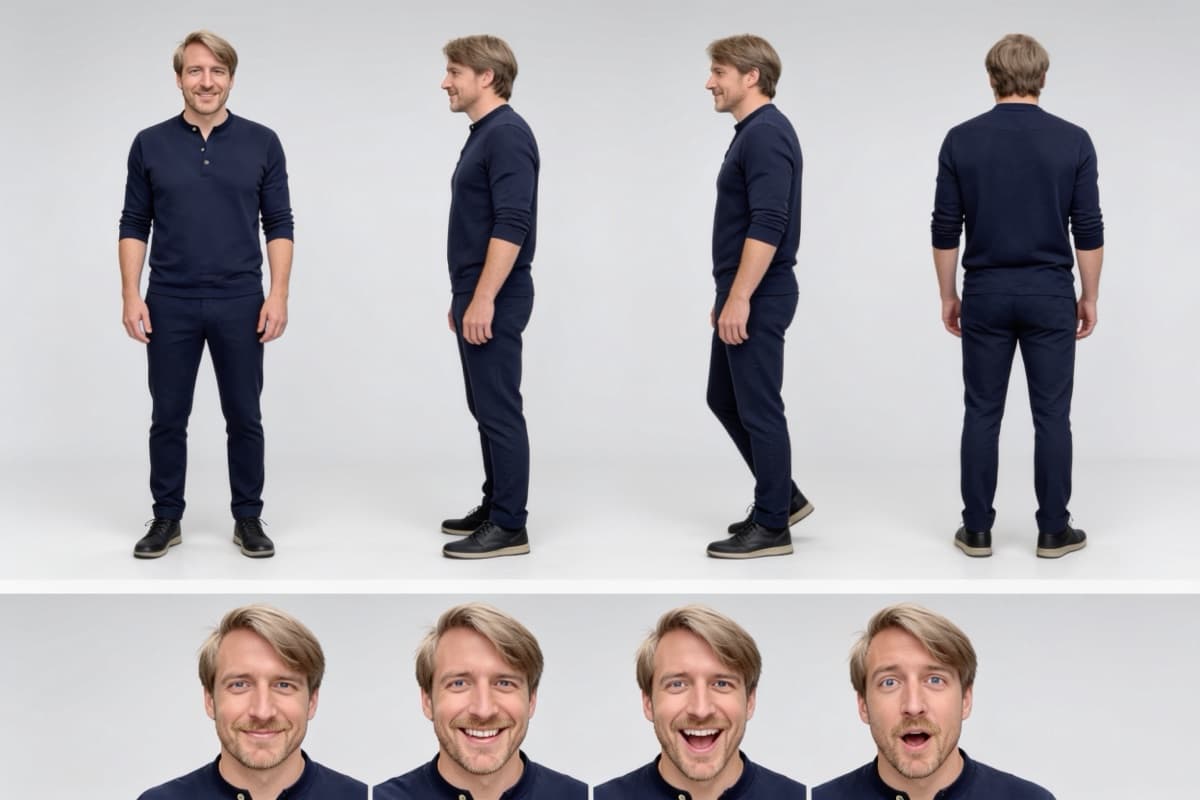 A character sheet of the man: four full-length views and four expressions