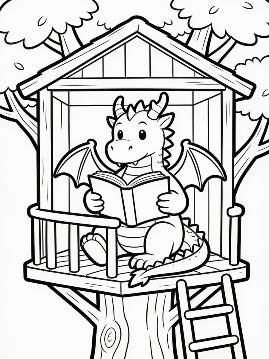 A coloring page of a small dragon reading a book in a treehouse
