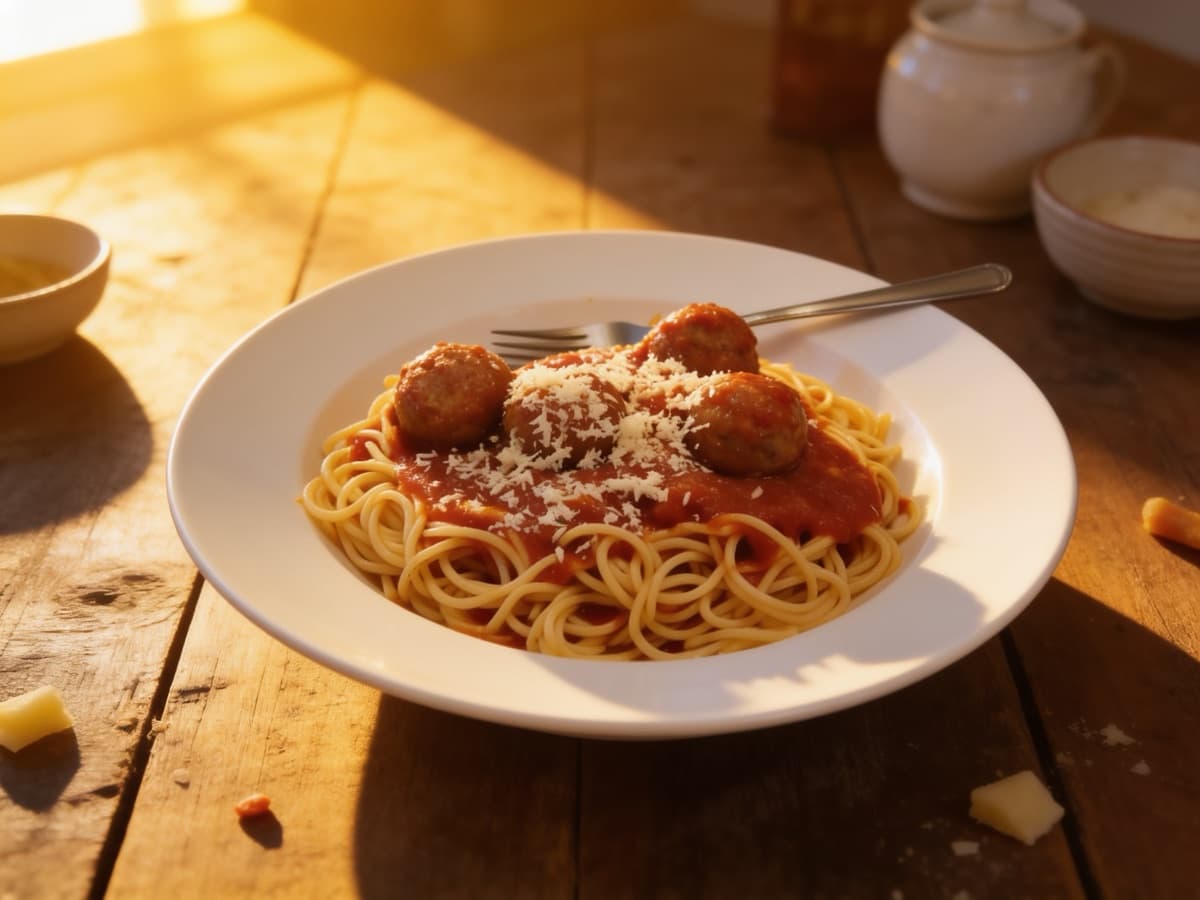 The same spaghetti restyled as a warm, rustic food photo on a wooden table
