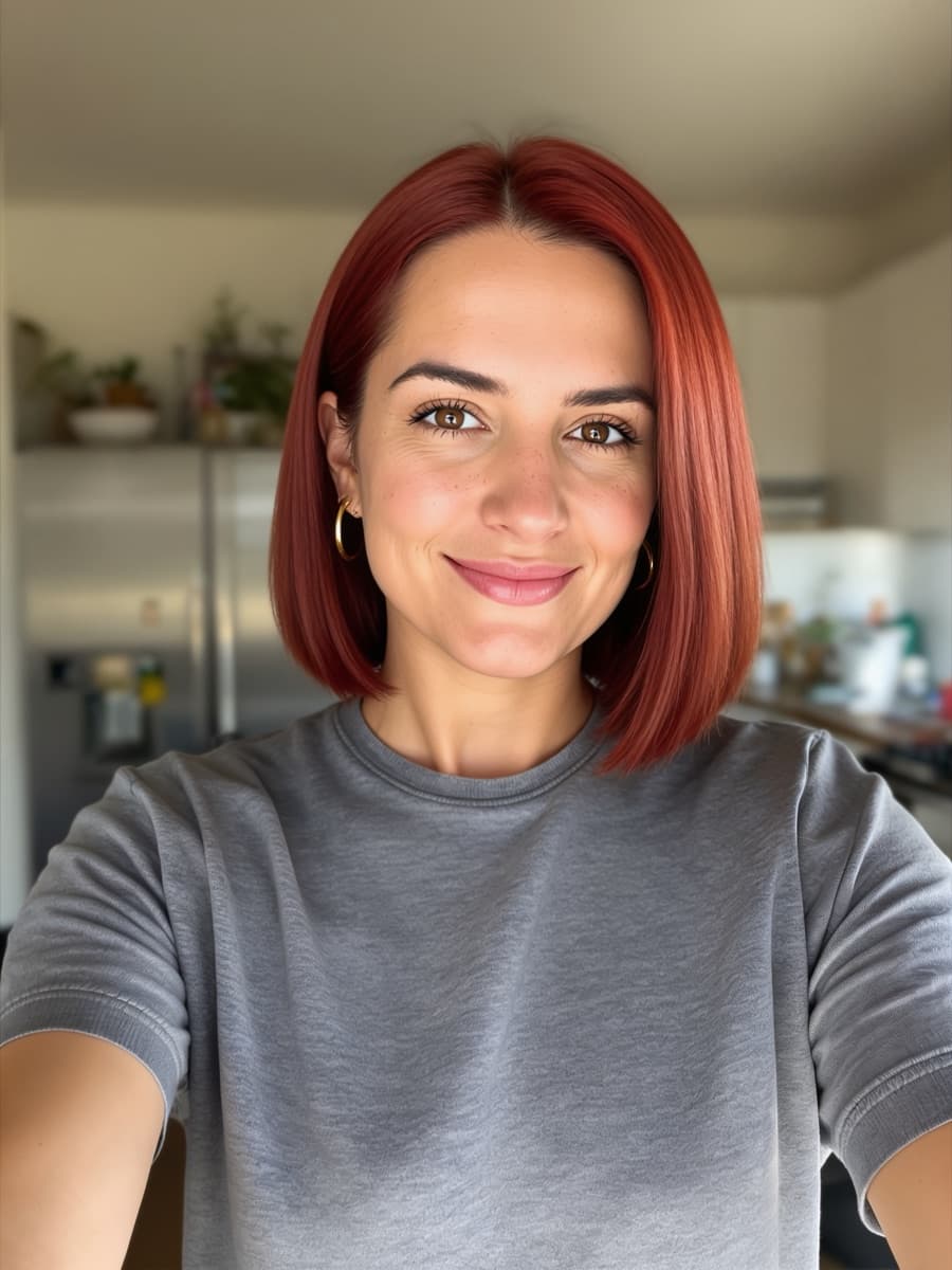 The same woman with a red bob haircut