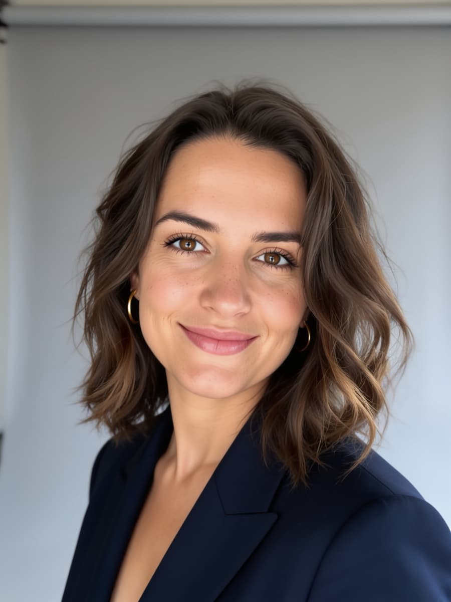 A studio headshot of the same woman in a navy blazer on a grey backdrop