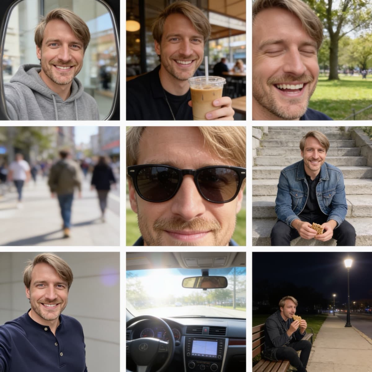 A three by three photo dump of the same man: coffee, a park, sunglasses, a night walk
