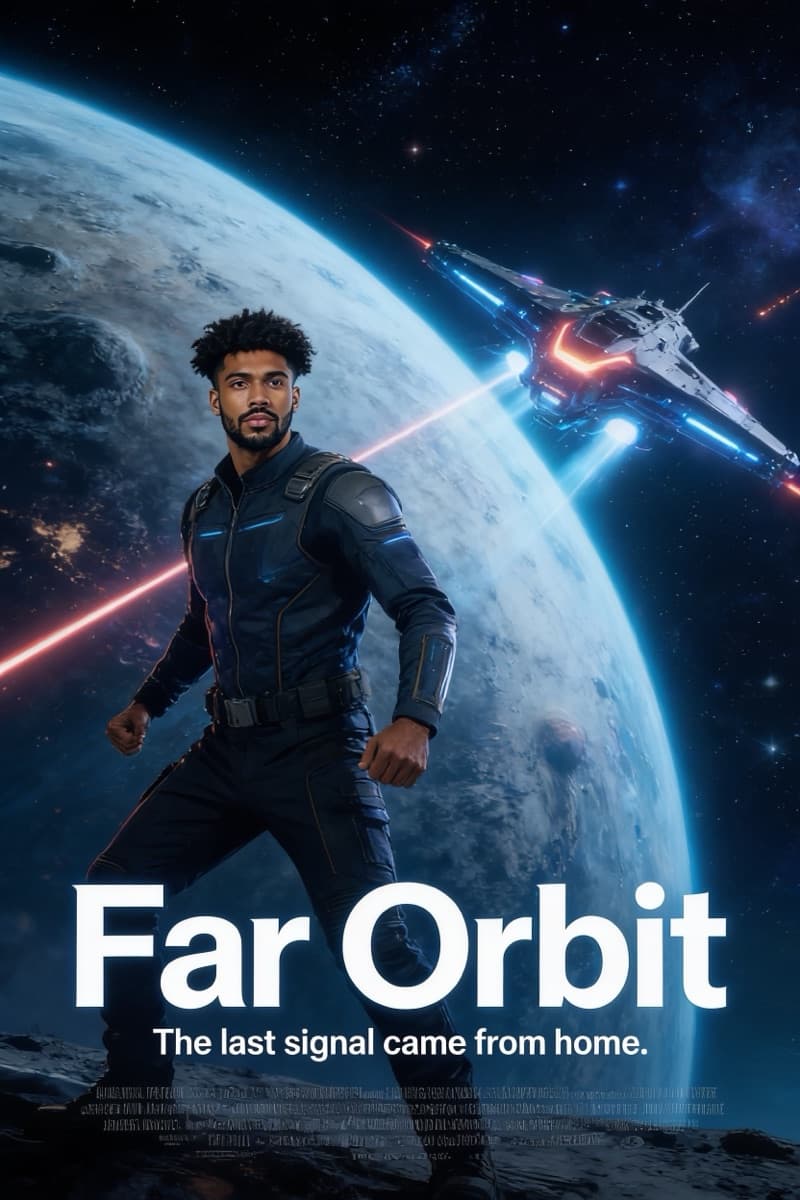 A sci-fi movie poster titled Far Orbit, starring the man in a flight suit above a planet
