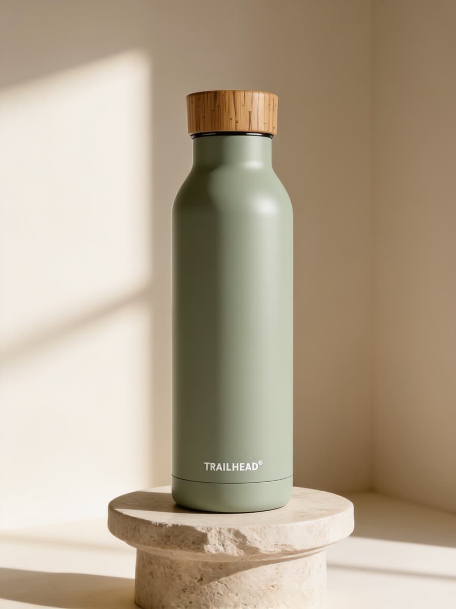 The water bottle on a stone pedestal in soft window light