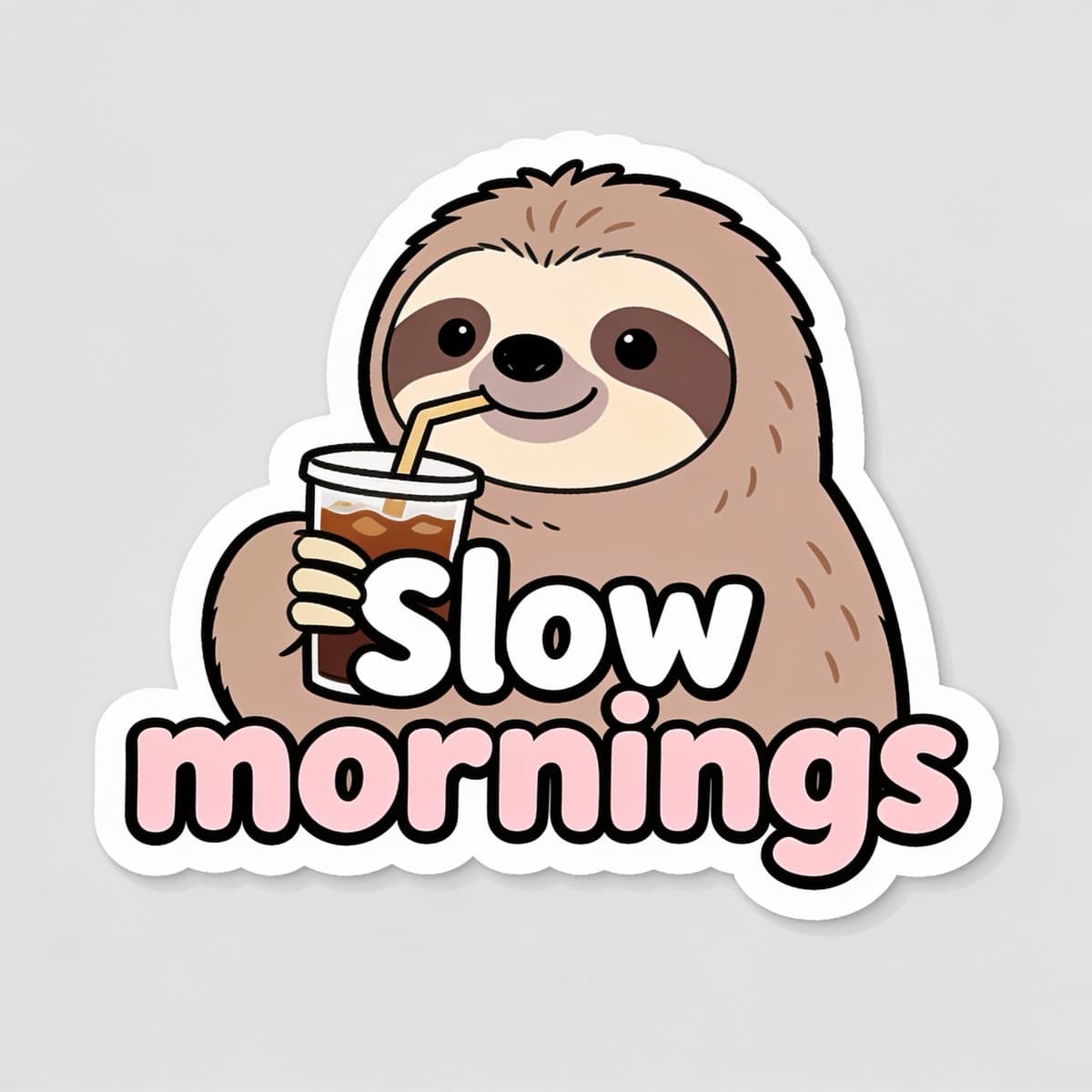 A die-cut sticker of a sloth drinking iced coffee, reading Slow mornings