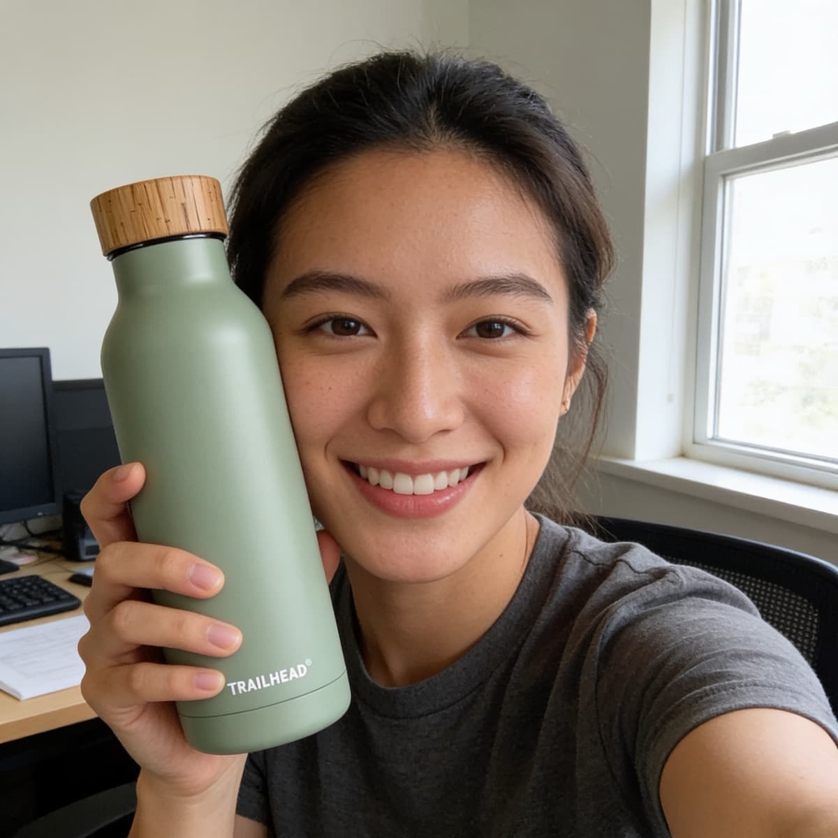 A phone selfie of a creator at her desk holding the sage green bottle to her cheek