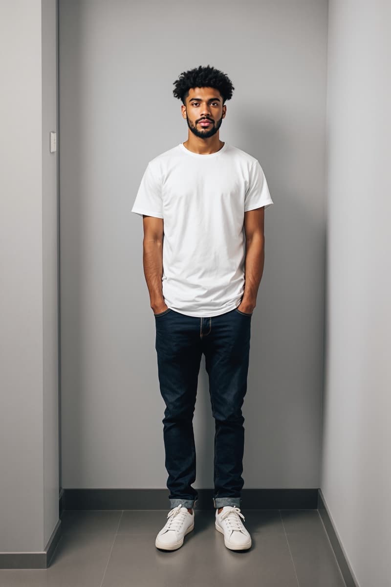 A full-length phone photo of a man in a white t-shirt and jeans against a grey wall