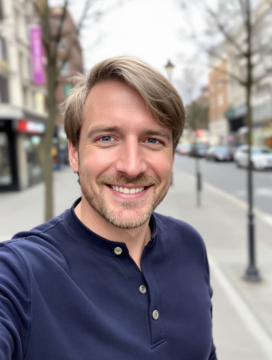 A phone selfie of a smiling man with short fair hair in a navy henley, on a city street