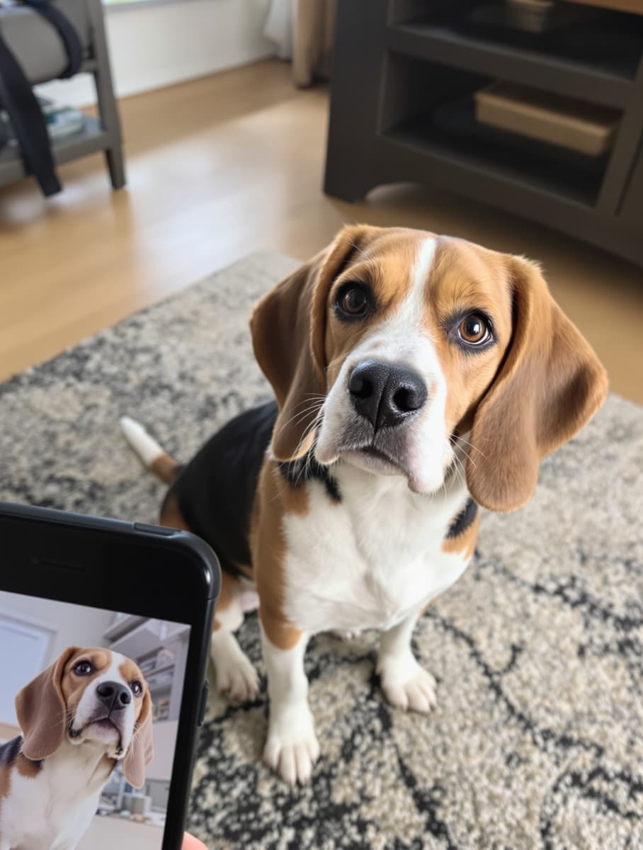 A phone photo of a beagle sitting on a living room rug